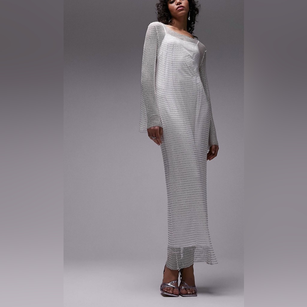 Topshop Diamante Mesh Maxi Dress In White